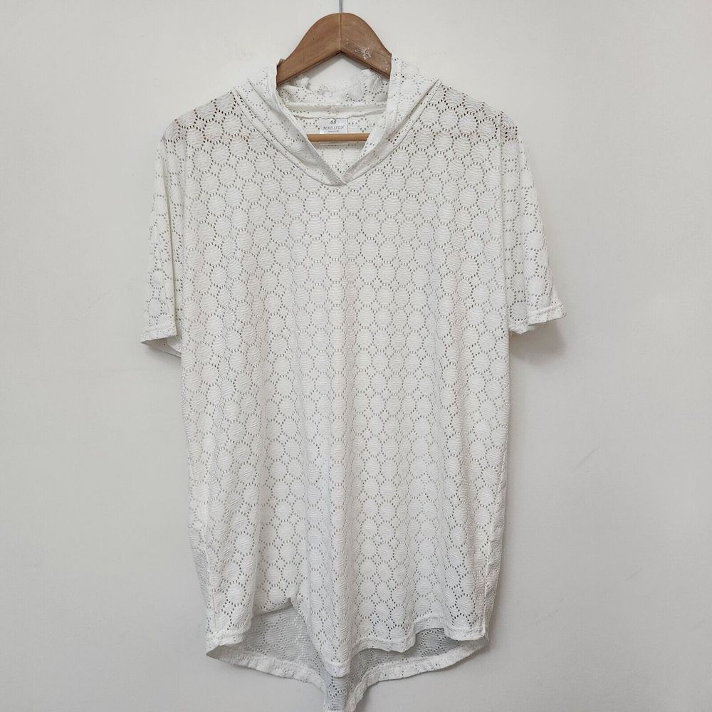 MADISON 88 Women's White Crochet Short Sleeve Hooded Blouse Top Size XL